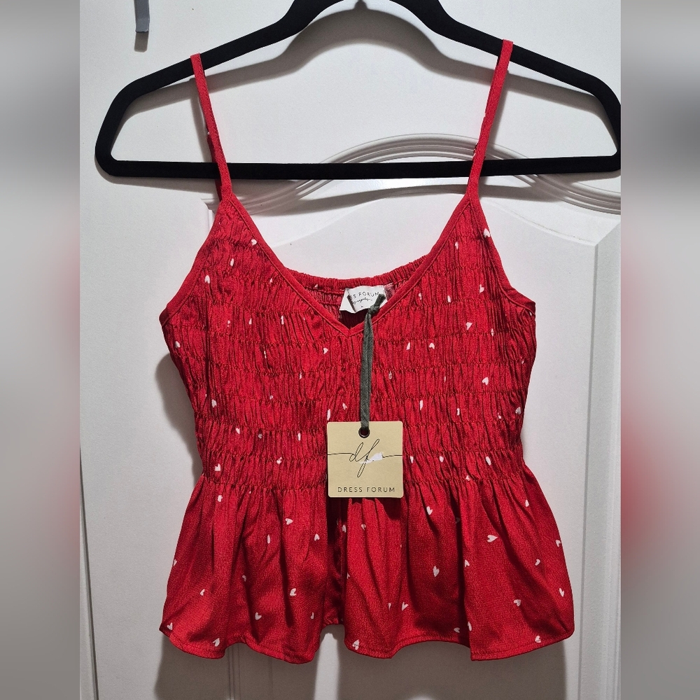 ❤️Dress Forum Los Angeles Red Heart Print Smocked Cami Tank Top Size L NWT